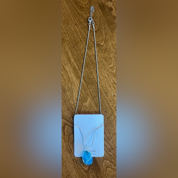 Handmade Blue Pendant Stone in Silver Wire Wrap & Chain Necklace New - Picture 3 of 4